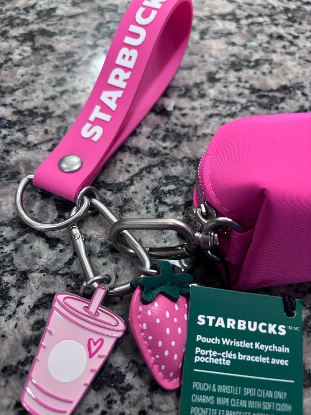 Starbucks Pink Keychain Wristlet Pouch with Strawberry Charm